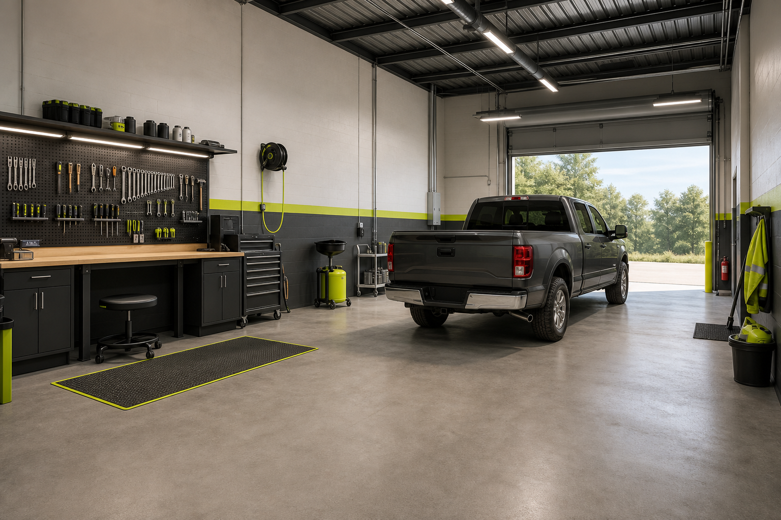 Concept rendering of a clean flat work bay with hand tools, compressed air, and an everyday pickup truck