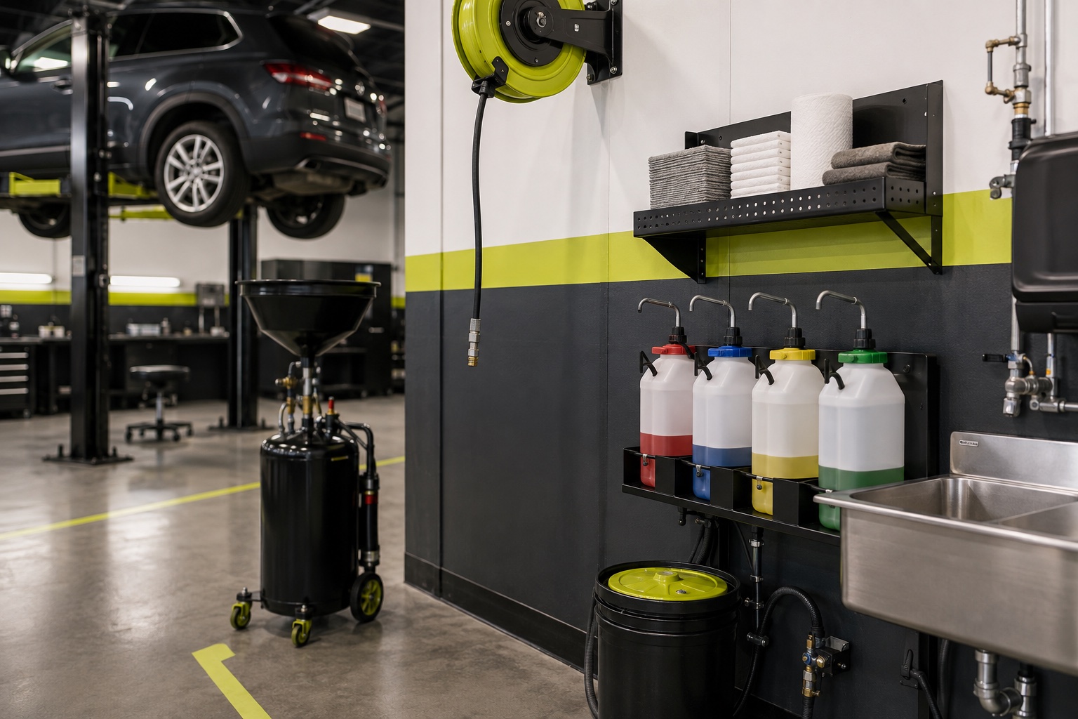 Concept view of a retractable compressed-air hose and organized automotive fluid equipment