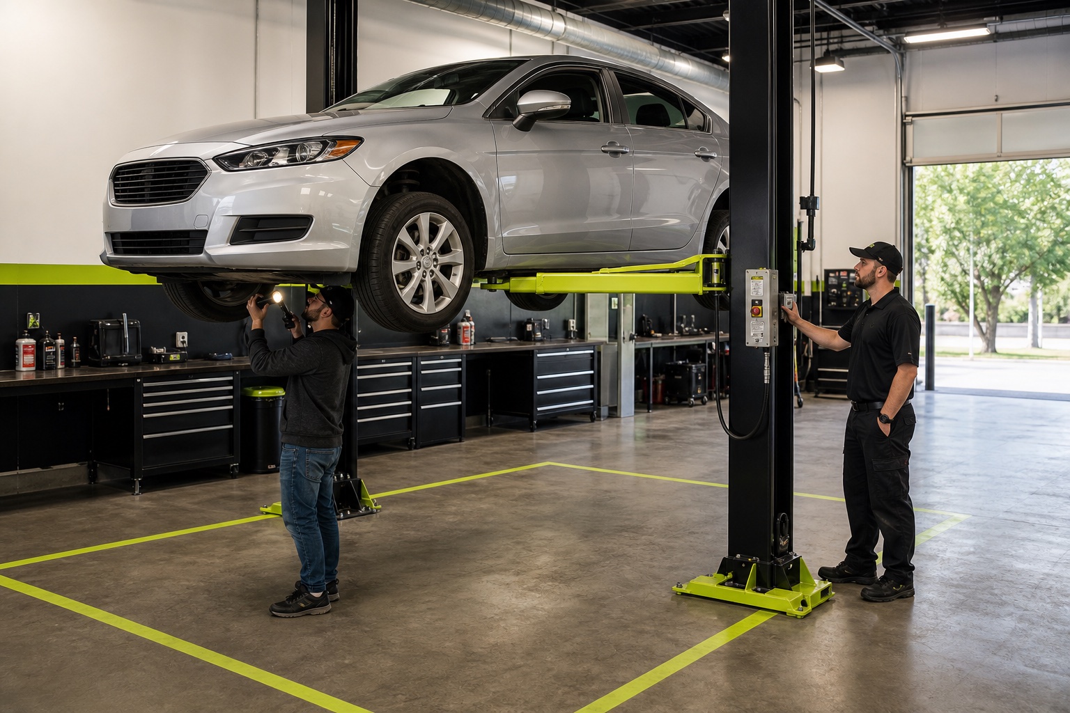 Concept view of a DIY customer inspecting a raised sedan while a staff member operates the two-post lift