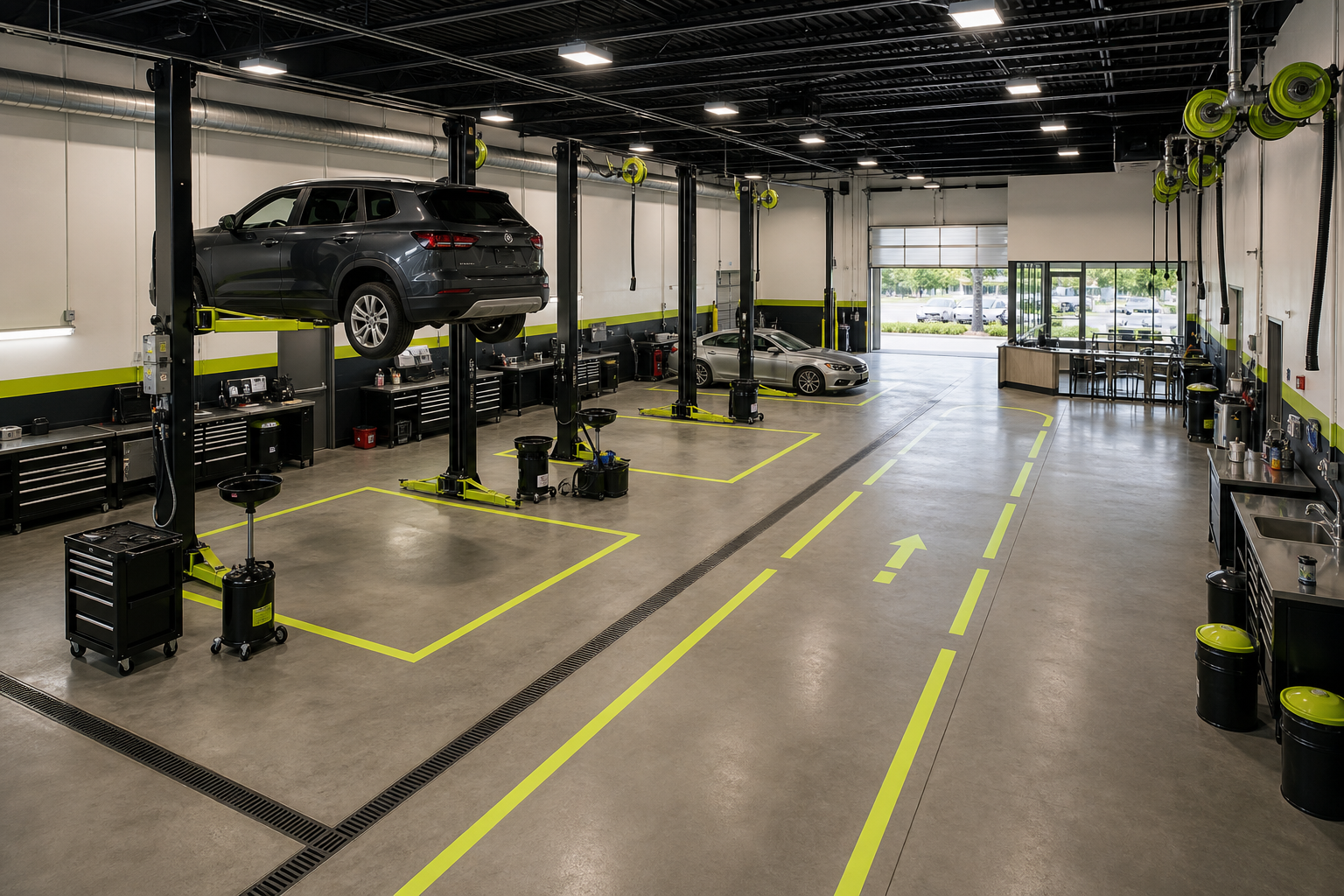 Concept rendering of the proposed main garage floor with four commercial lift bays and marked safety zones